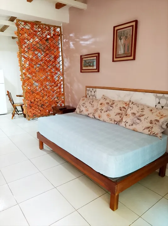 Cama amplia con sábana celeste y cojines floreados junto a una pared rosada con dos cuadros y un biombo de hojas anaranjadas en el apartamento