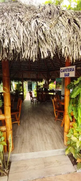 Cabaña con techo de paja y letrero Cafetería Bar, con mesas de madera en su interior