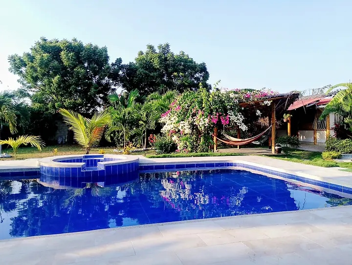 Piscina azul con piscina pequeña redonda, rodeada de jardines y palmeras