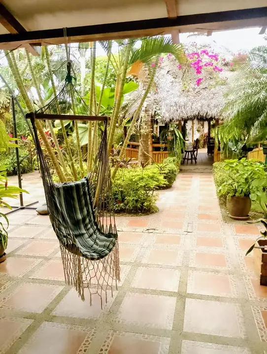 Silla hamaca colgante en un corredor techado junto al jardín