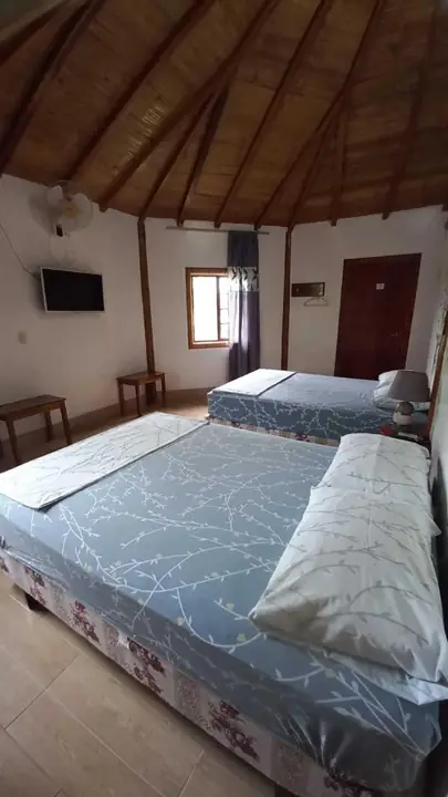 Habitación con dos camas bajo un techo de madera